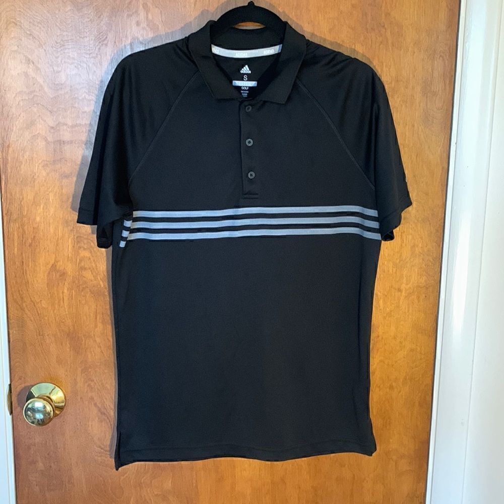 EUC Adidas black with gray striped polo! Size S